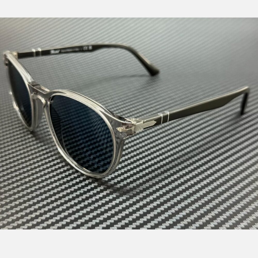 Persol Clear Frame Sunglasses with Black Temples and Dark Blue Lenses